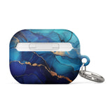 Introducing the Midnight Wave Marble for AirPods Pro Gen 2 by Statement Cases – a stylish, impact-absorbing case showcasing an abstract marble design in shades of blue and gold, complete with a metal carabiner for easy attachment. The brand name "Statement Cases" is elegantly printed on the bottom of the case.