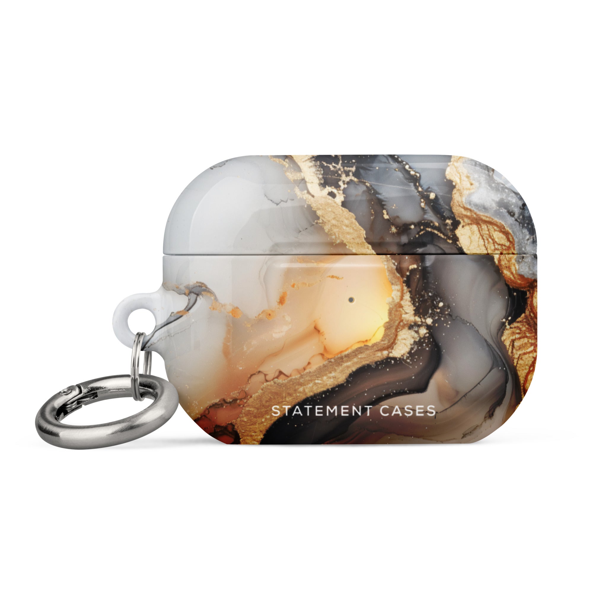 A rectangular Lunar & Gold Marble for AirPods Pro Gen 2 case with a keyring attachment and impact-absorbing design features a marbled pattern in hues of white, grey, brown, and gold accents. The text "Statement Cases" is printed on the lower front part of the case.