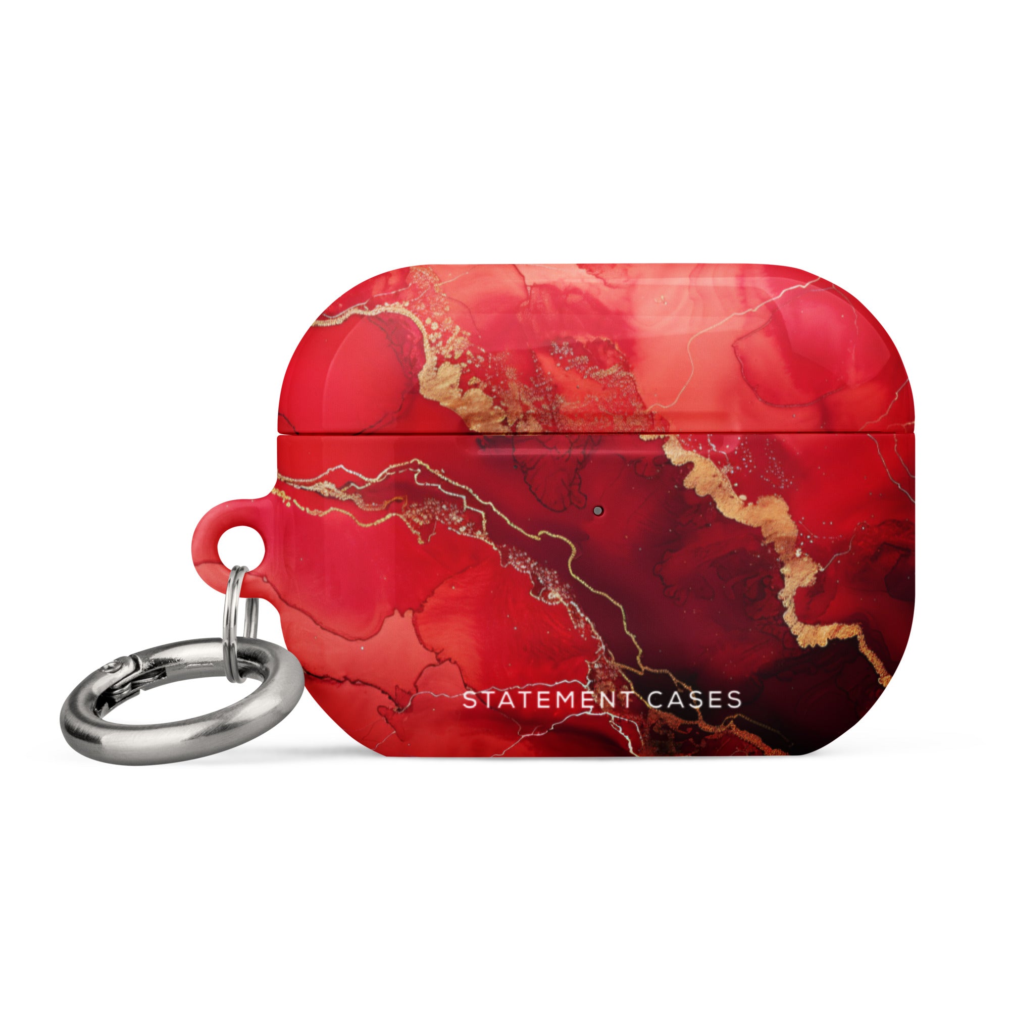 A **Scarlet Marble for AirPods Pro Gen 2** with an impact-absorbing design and a metal carabiner attachment on the side. The brand name "**Statement Cases**" is printed in white on the bottom front.