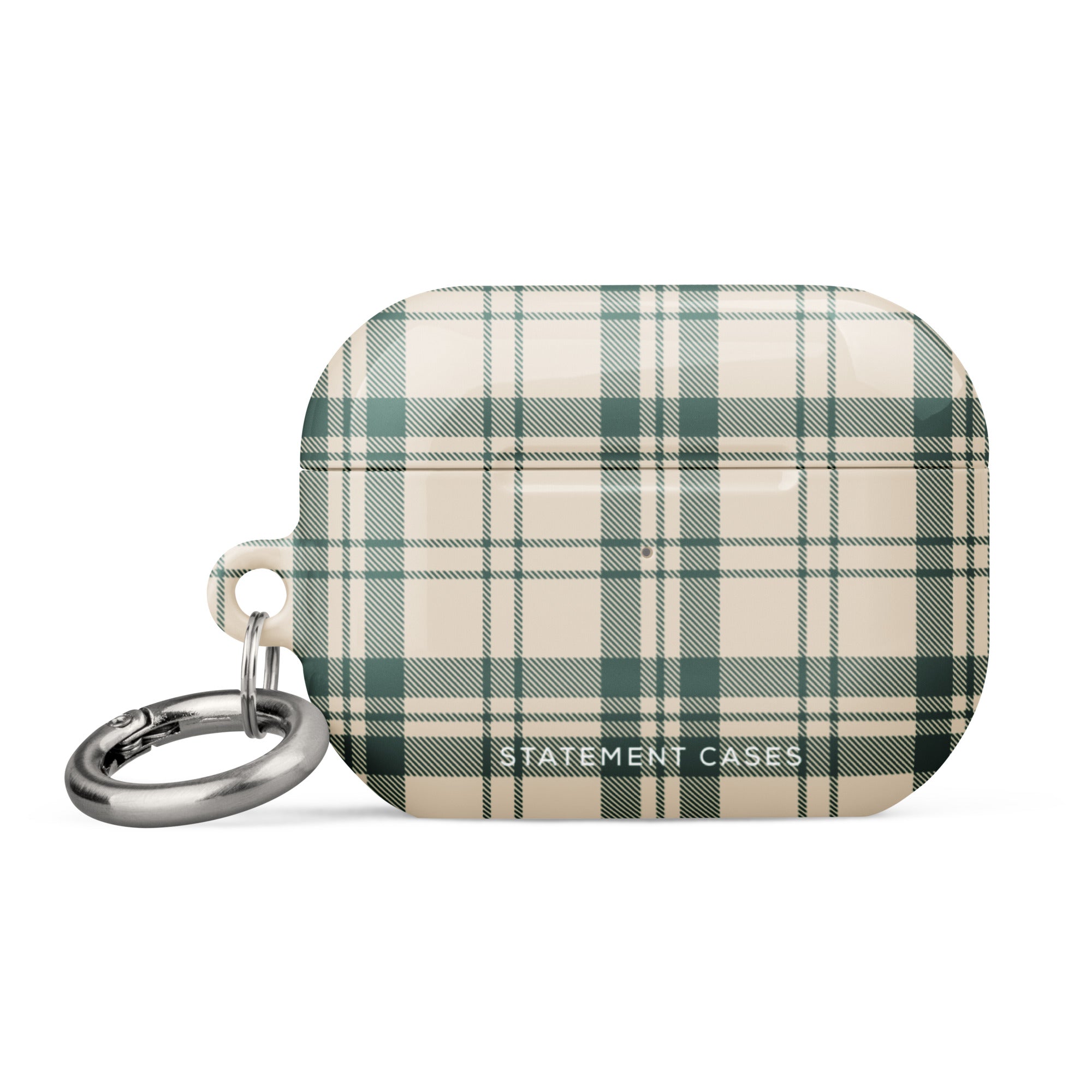 A small, rectangular Elegant Plaid for AirPods Pro Gen 2 case with a green and white plaid pattern. The impact-absorbing case features a metal carabiner attached to the left side. The text "Statement Cases" is printed in white at the bottom center.