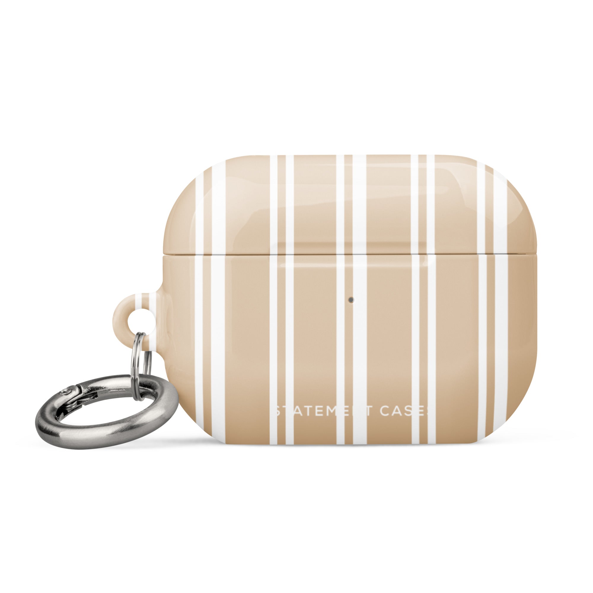 A beige Estate Stripe for AirPods Pro Gen 2 by Statement Cases with vertical white stripes is shown. It has a metal carabiner attached to the left side, enhancing convenience and durability. The impact-absorbing case displays the text "STATEMENT CASE" on the front.