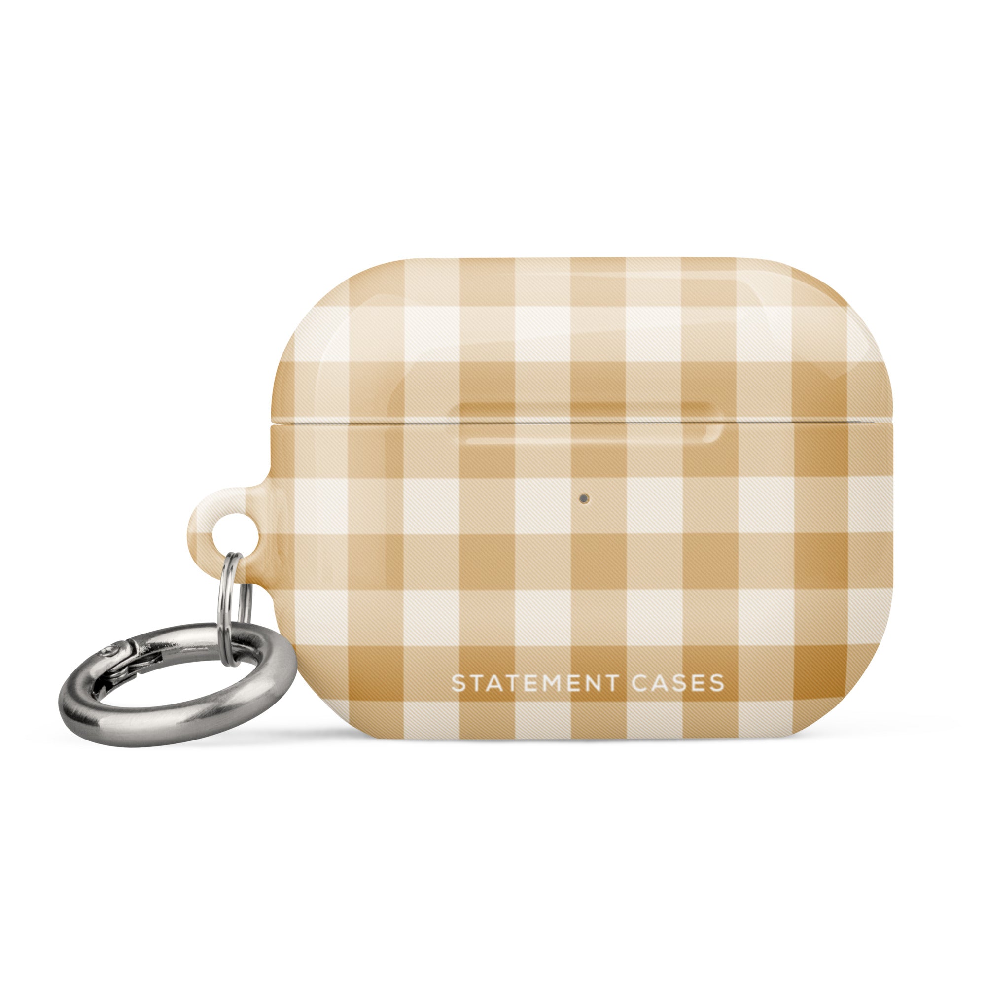 A rectangular Gingham Grace for AirPods Pro Gen 2 case from Statement Cases with rounded edges, featuring a beige and white checkered pattern. The case has a small metal carabiner attached to its side for easy carrying, and the words “Statement Cases” are printed in white near the bottom.