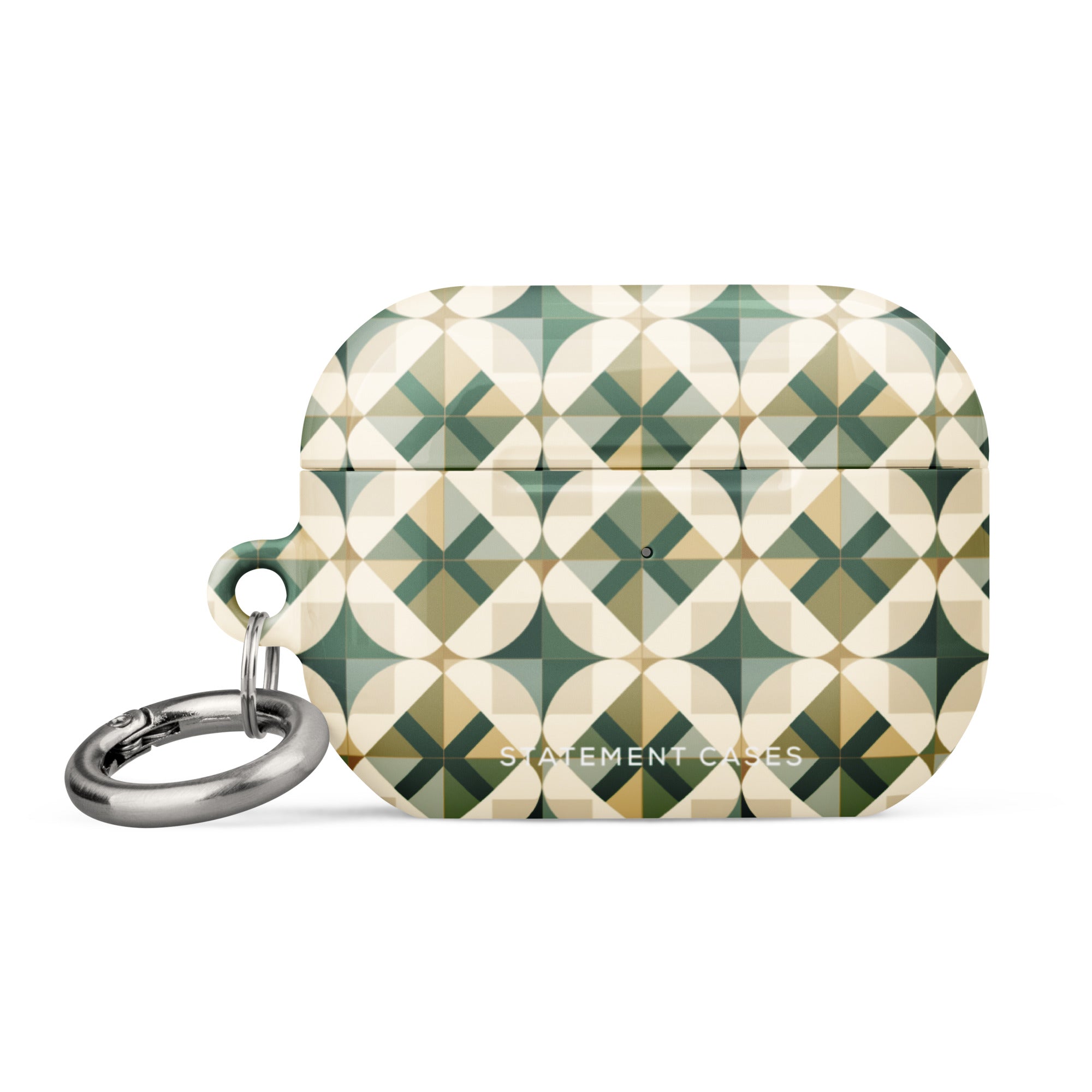 A Grand Estate Mosaic for AirPods Pro Gen 2 with a geometric pattern in shades of green, beige, and black. The design features overlapping circles and diamond shapes. A metal carabiner is attached to its left side for convenience. The brand "Statement Cases" is printed at the bottom.