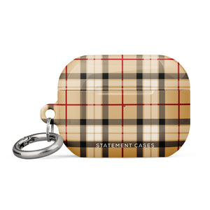 A rectangular beige and brown checkered Neutral Heritage Tartan for AirPods Pro Gen 2 case with an impact-absorbing design and a metal carabiner attached to a corner. The case features the brand name "Statement Cases" printed at the bottom front.