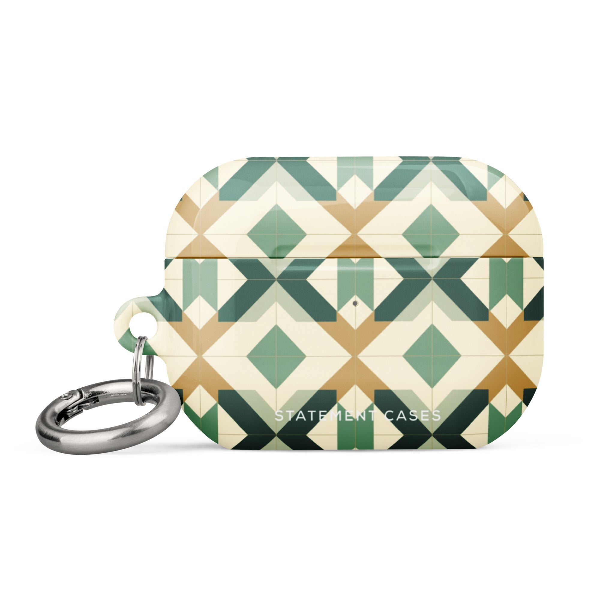 An Old World Mosaic for AirPods Pro Gen 2 from Statement Cases featuring a geometric design in green, beige, and gold hues. The impact-absorbing case includes a metal carabiner attachment on the left side for convenience.