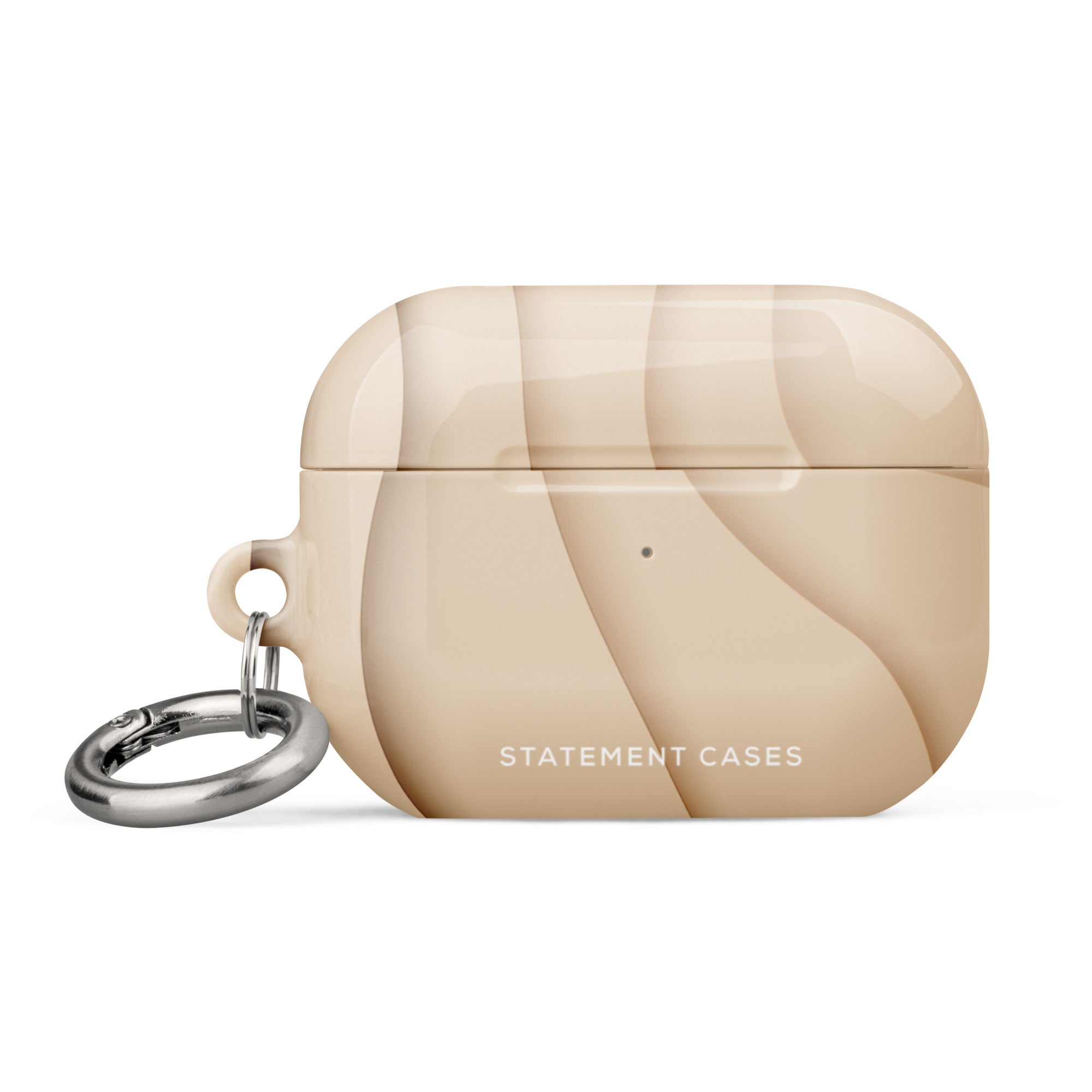 A beige Sandy Serenity for AirPods Pro Gen 2 with a sleek, glossy finish and marbled design. The impact-absorbing case has a small metal carabiner attached to the side for convenience. The text "Statement Cases" is printed on the front of the case in white letters.