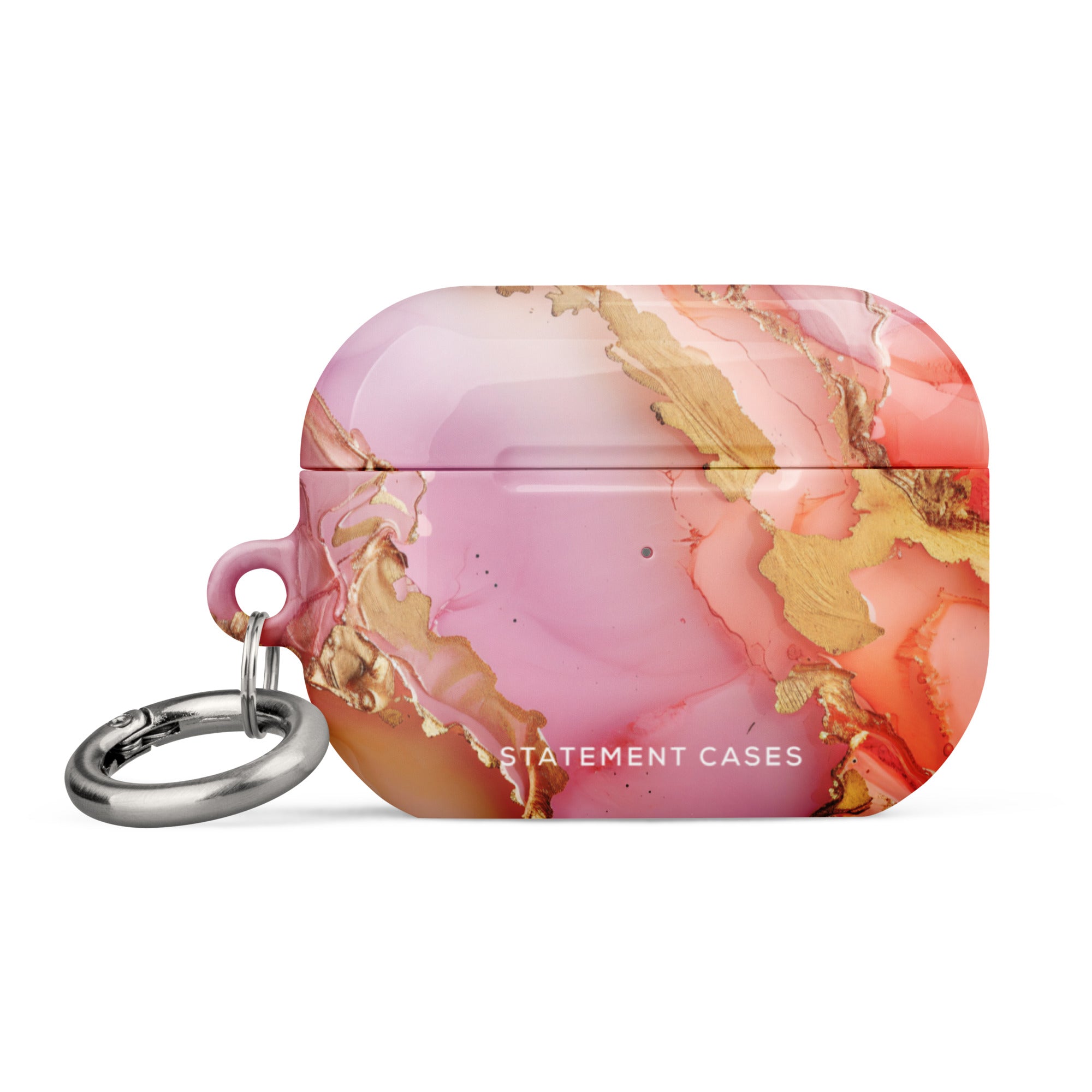 A Gold Blush Marble for AirPods Pro Gen 2 case, impact-absorbing with a pink and gold marbled pattern and a metal carabiner attached on the left side. "Statement Cases" is printed in white at the bottom front of the case.