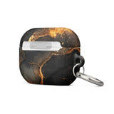 A Midnight Volcano Marble for AirPods Pro Gen 2 from "Statement Cases," featuring an impact-absorbing design and a small metal carabiner clip for easy carrying.