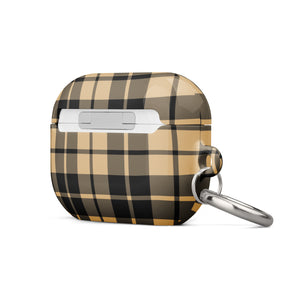 A rectangular Rich Espresso Tartan for AirPods Pro Gen 2 case with a beige, black, and gold plaid pattern. It features an impact-absorbing design, a metal carabiner, and a keyring attached to the left side. The text "Statement Cases" is printed on the front lower part of the case.