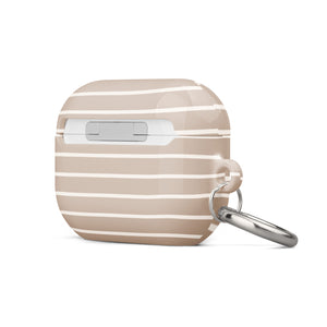 A beige Au Naturale for AirPods Pro Gen 2 case with horizontal white stripes and a small keychain loop on the side. Crafted from impact-absorbing material, the case also features a metal carabiner for added convenience. The text "Statement Cases" appears near the bottom. The case has a smooth, glossy finish.