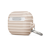 A beige Au Naturale for AirPods Pro Gen 2 case with horizontal white stripes and a small keychain loop on the side. Crafted from impact-absorbing material, the case also features a metal carabiner for added convenience. The text "Statement Cases" appears near the bottom. The case has a smooth, glossy finish.