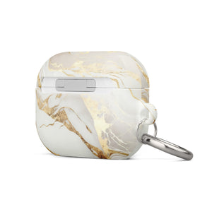 Golden Elegance for AirPods Pro Gen 2 with a marbled design in white, grey, and gold accents. It features the text "Statement Cases" on the front and has a metal carabiner attached. Made from impact-absorbing material, the case has a glossy finish and a cutout for the charging port.