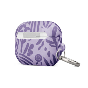 Introducing the Luna Morada for AirPods Pro Gen 2 by Statement Cases, a lavender hard shell case designed for wireless earbuds. Featuring an impact-absorbing property, this case boasts an abstract purple leaf pattern and the "STATEMENT CASES" logo on the front, complete with a metal carabiner for added convenience.