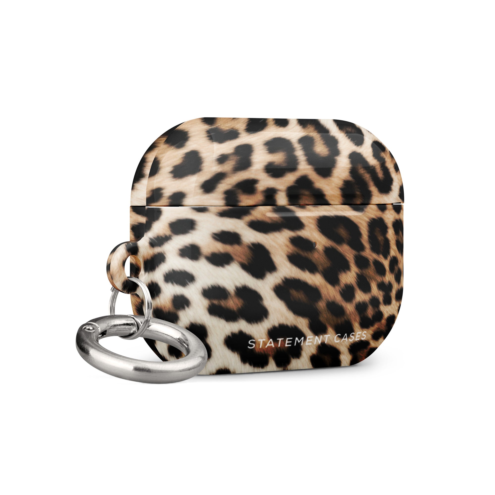 An impact-absorbing Mighty Jaguar Fur for AirPods Pro Gen 2 case complete with a keyring on the left side. The case features the brand name "Statement Cases" in white at the bottom and includes a metal carabiner for added convenience.