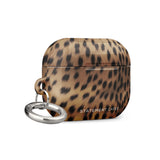 A Daring Cheetah Fur for AirPods Pro Gen 2 by Statement Cases, featuring an impact-absorbing design. The case has a keyring attached to the side for convenient carrying, and includes a durable metal carabiner for added versatility.