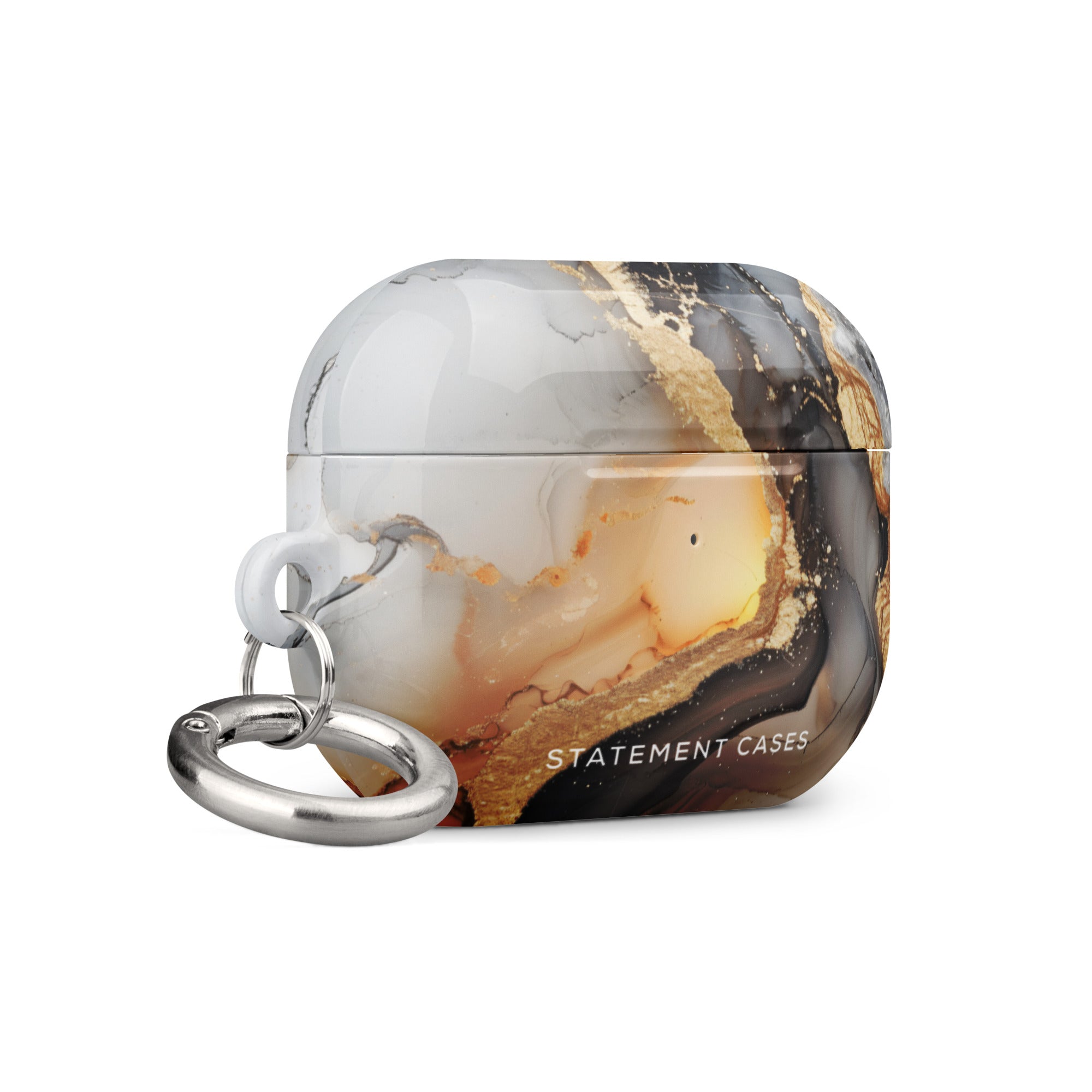 A rectangular Lunar & Gold Marble for AirPods Pro Gen 2 case with a keyring attachment and impact-absorbing design features a marbled pattern in hues of white, grey, brown, and gold accents. The text "Statement Cases" is printed on the lower front part of the case.