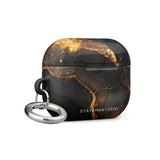 A Midnight Volcano Marble for AirPods Pro Gen 2 from "Statement Cases," featuring an impact-absorbing design and a small metal carabiner clip for easy carrying.