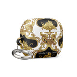 A decorative and impact-absorbing case for wireless earbuds, featuring an intricate gold and black baroque-style pattern with ornate flourishes. The Rebellious Spirit for AirPods Pro Gen 2 is attached to a silver metal carabiner, and the brand name "Statement Cases" is written at the bottom.