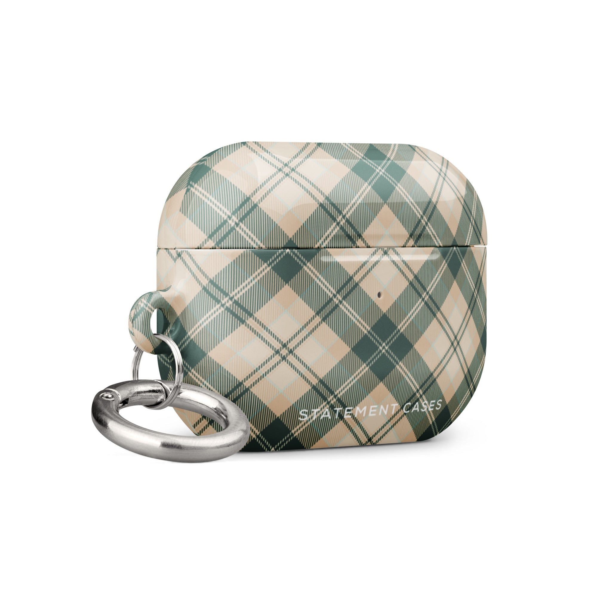 A checkered Aristocrats Plaid for AirPods Pro Gen 2 by Statement Cases with a green, white, and beige plaid design. It features an impact-absorbing material for added protection and a small metallic loop on the side, attached to a metal carabiner. The words "STATEMENT CASES" are printed near the bottom on the front of the case.