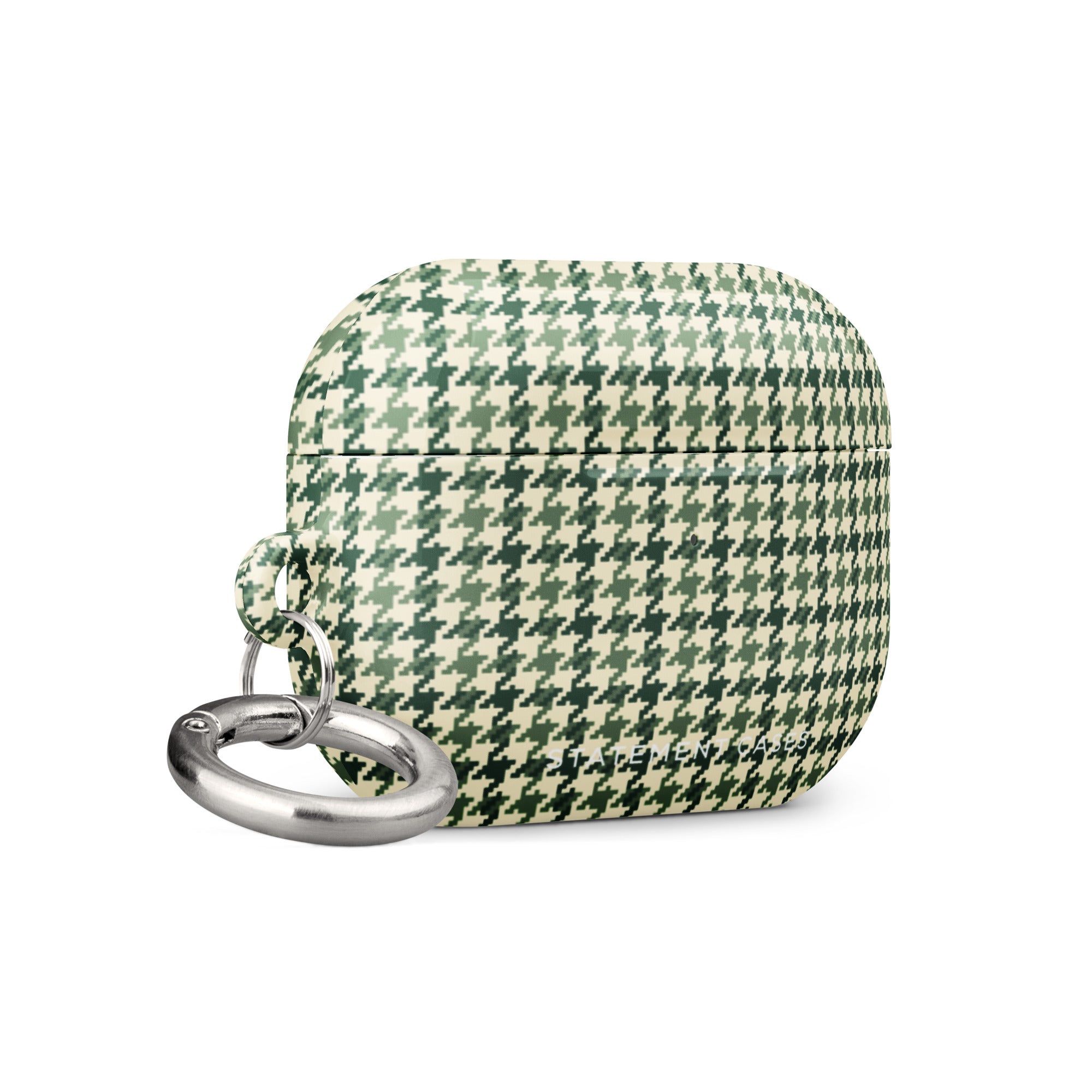 A green and white houndstooth-patterned Elegance Houndstooth for AirPods Pro Gen 2 by Statement Cases with a metal carabiner attachment. The case likely holds earbuds or earphones. The background is plain white.