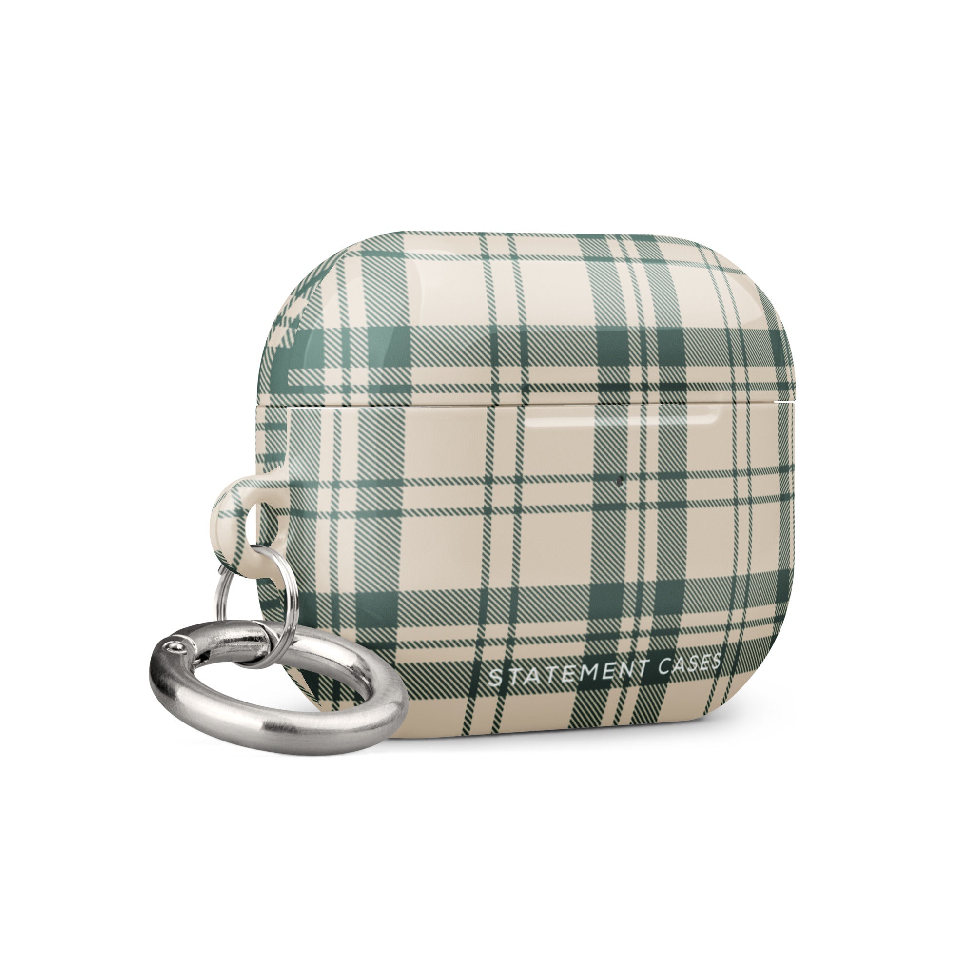 A small, rectangular Elegant Plaid for AirPods Pro Gen 2 case with a green and white plaid pattern. The impact-absorbing case features a metal carabiner attached to the left side. The text "Statement Cases" is printed in white at the bottom center.