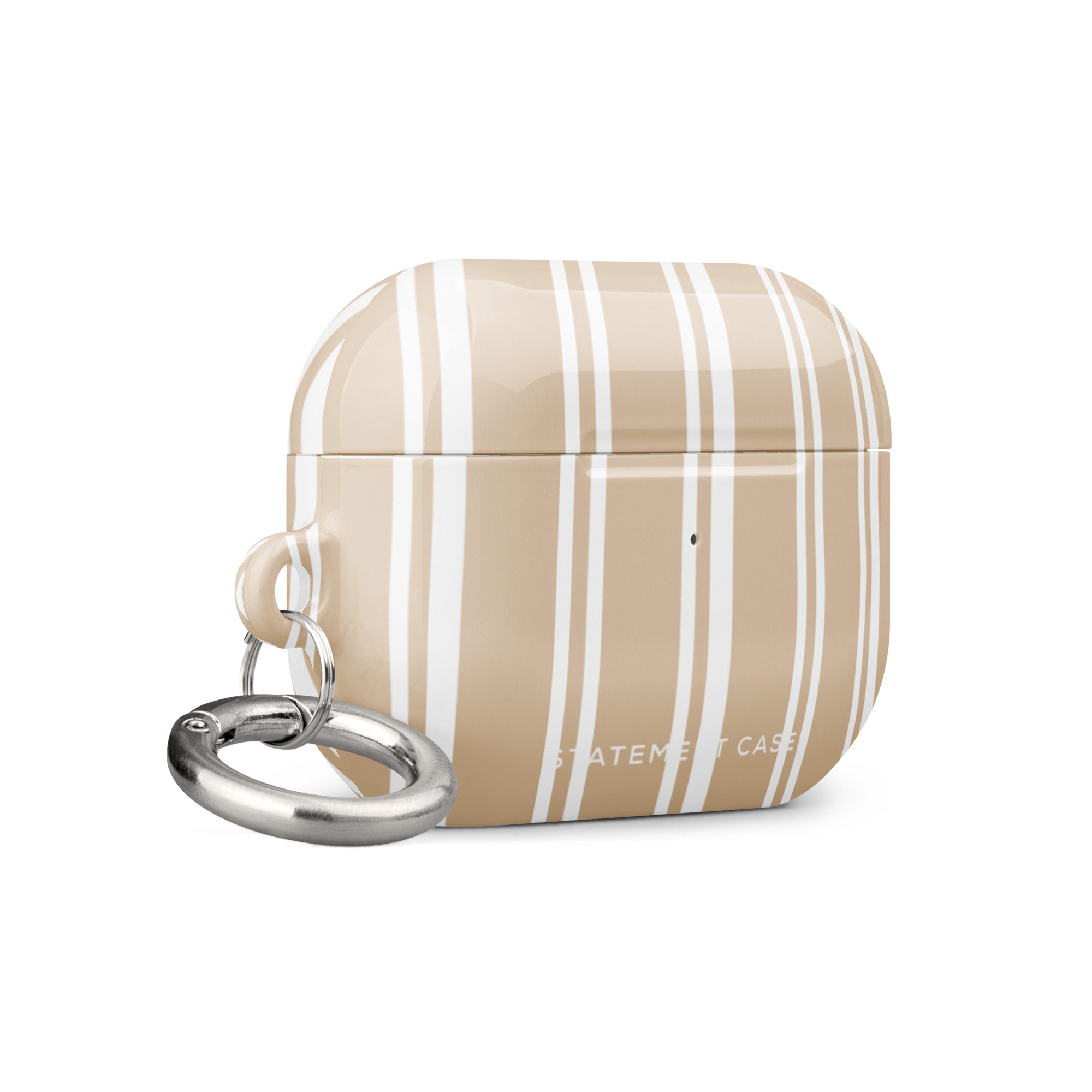 A beige Estate Stripe for AirPods Pro Gen 2 by Statement Cases with vertical white stripes is shown. It has a metal carabiner attached to the left side, enhancing convenience and durability. The impact-absorbing case displays the text "STATEMENT CASE" on the front.