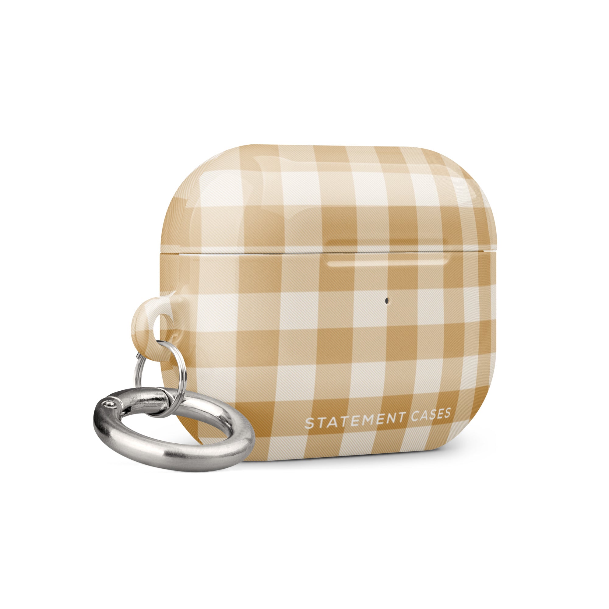 A rectangular Gingham Grace for AirPods Pro Gen 2 case from Statement Cases with rounded edges, featuring a beige and white checkered pattern. The case has a small metal carabiner attached to its side for easy carrying, and the words “Statement Cases” are printed in white near the bottom.