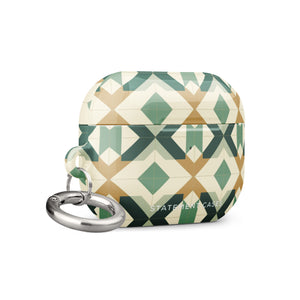 An Old World Mosaic for AirPods Pro Gen 2 from Statement Cases featuring a geometric design in green, beige, and gold hues. The impact-absorbing case includes a metal carabiner attachment on the left side for convenience.