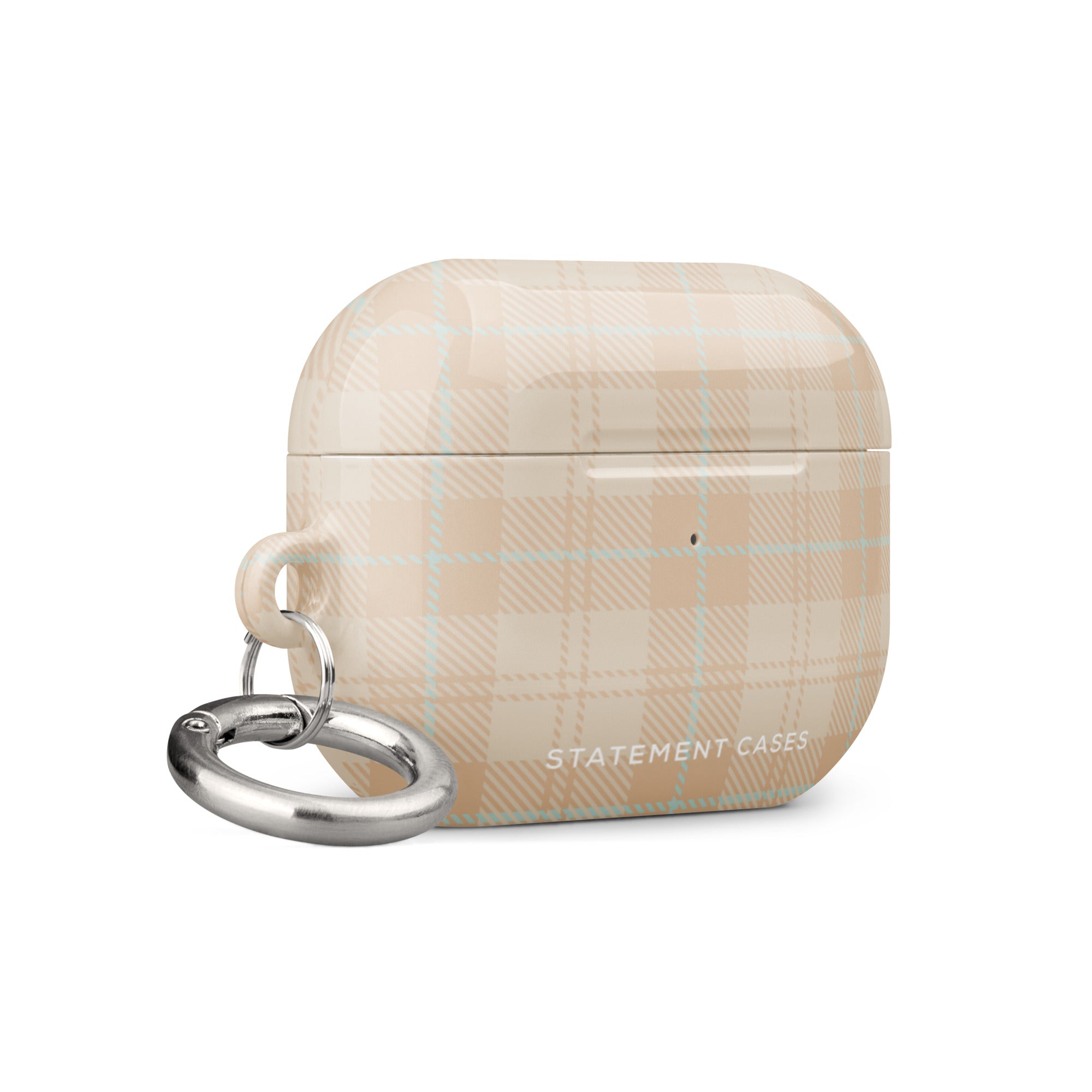 A beige plaid Sophisticated Plaid for AirPods Pro Gen 2 with a small yet robust metal carabiner attached to the side. The impact-absorbing case features the brand name "Statement Cases" in white text on the front.