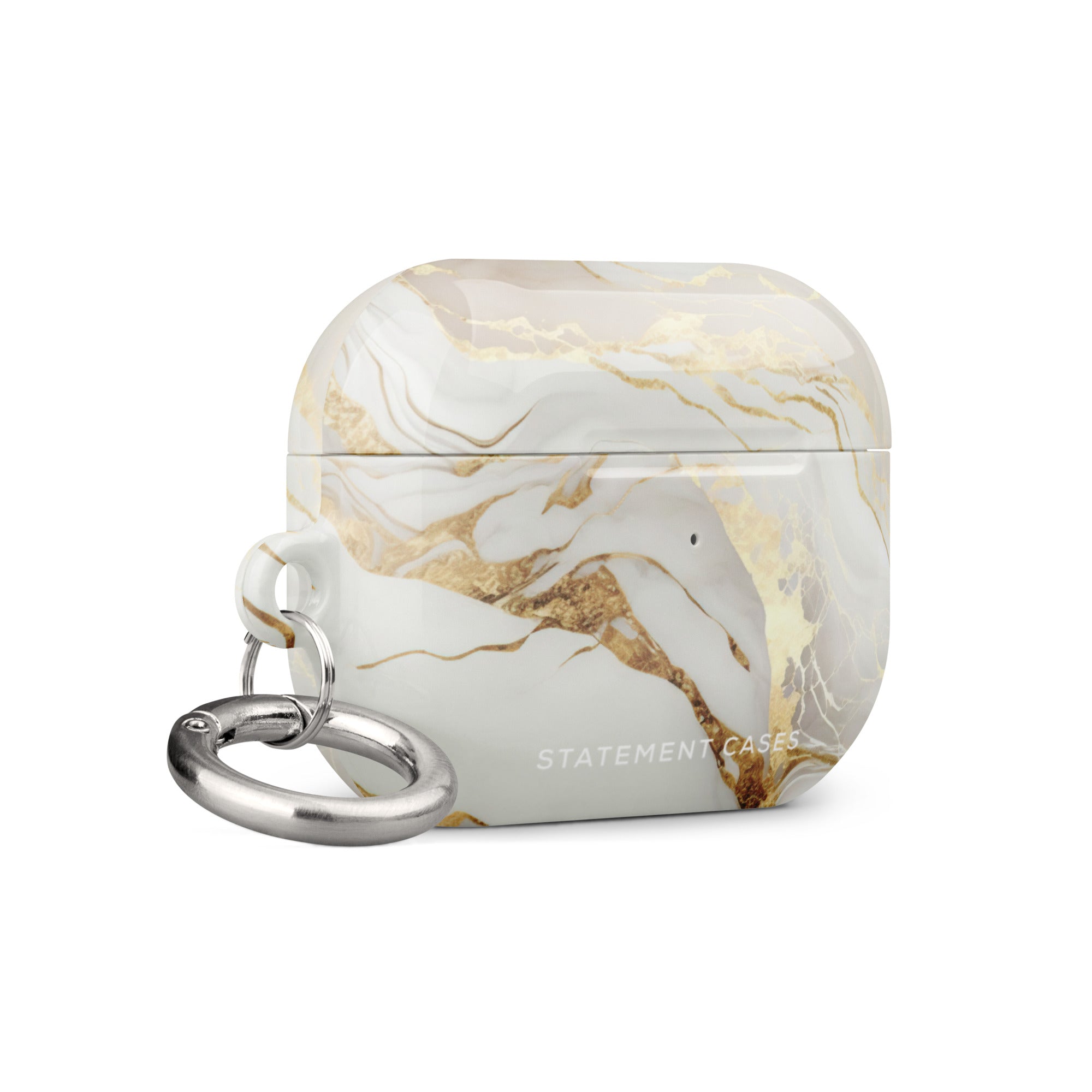 Golden Elegance for AirPods Pro Gen 2 with a marbled design in white, grey, and gold accents. It features the text "Statement Cases" on the front and has a metal carabiner attached. Made from impact-absorbing material, the case has a glossy finish and a cutout for the charging port.