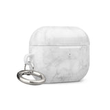A white, marble-patterned protective Marble Dreams for AirPods Pro Gen 2 case by Statement Cases with a metallic carabiner attached on the left side. This impact-absorbing case has "Statement Cases" written on the front, ensuring both style and safety for your wireless earbuds.