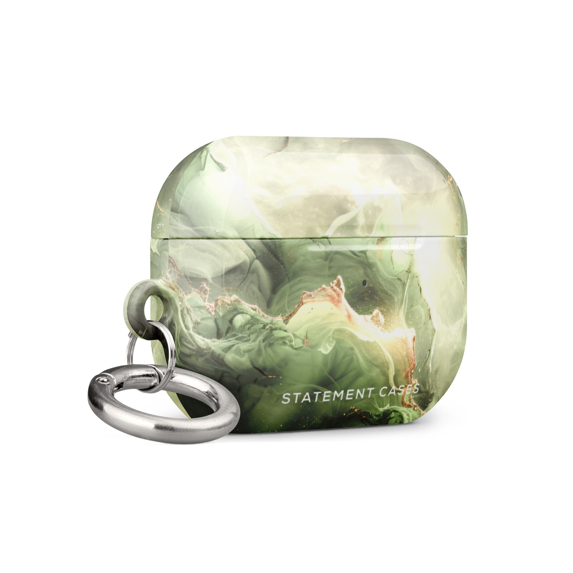 A **Sleek Sage for AirPods Pro Gen 2** with a glossy marbled design in shades of green and white, accented with gold streaks. The case features an impact-absorbing build, a silver keyring on the side, and the brand name "Statement Cases" printed at the bottom.