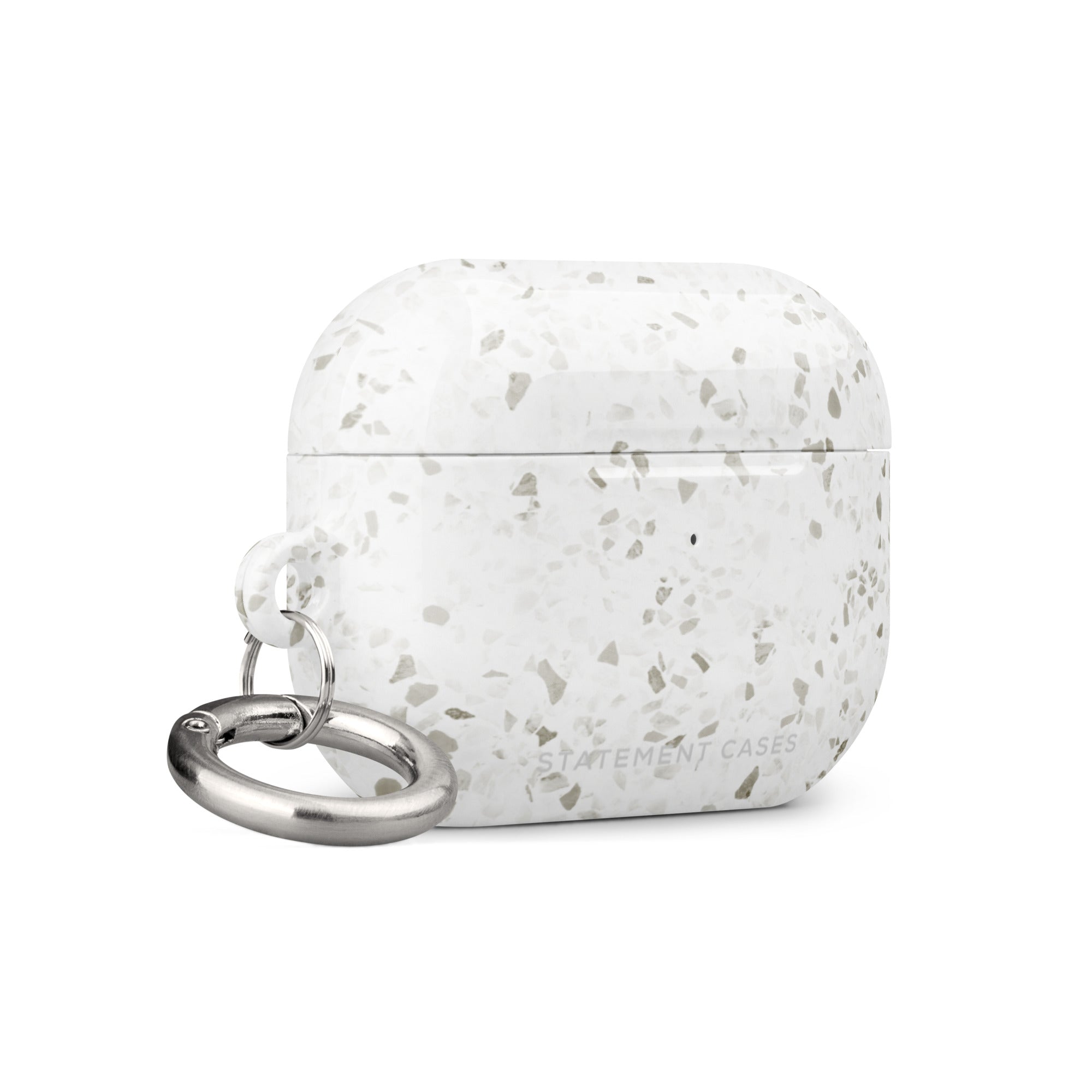 A white, speckled terrazzo-patterned Terrazzo Chic for AirPods Pro Gen 2 case featuring a built-in metal carabiner for easy attachment. The impact-absorbing design ensures maximum protection, and the brand name "Statement Cases" is elegantly displayed on the bottom front.