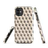 A beige protective iPhone case with an interlocking black "SC" pattern displayed across its back. Custom-tailored for the iPhone 15 Pro Max, the Heritage Monogram for iPhone by Statement Cases features cutouts for the camera lenses and buttons. The design is sleek and minimalistic.