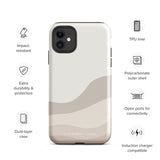 This image shows a protective iPhone case from Statement Cases designed for the iPhone 13 Pro. The case, named Serene Sands for iPhone, features a minimalist design with wavy beige and cream patterns. The camera cutouts are clearly visible, accommodating the phone's lenses.