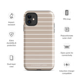 A beige smartphone case with horizontal white stripes is displayed against a white background. This durable dual-layered case, Au Naturale for iPhone by Statement Cases, features icons and text highlighting its impact-resistant polycarbonate outer shell, extra durability and protection, open ports for connectivity, TPU liner, and induction charger compatibility.