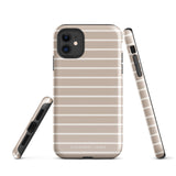 A beige and white striped phone case for a smartphone is showcased from three angles: front, side, and bottom. The front view highlights the design, while the side view reveals button cutouts and the bottom displays the charging port cutout. This durable dual-layered case by "Statement Cases" ensures ultimate protection.