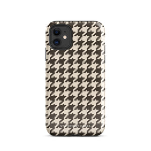 A Timeless Houndstooth for iPhone with a dual-camera system is encased in an impact-resistant polycarbonate, houndstooth-patterned case. The black and beige design features the brand name "Statement Cases" printed at the bottom, ensuring both style and dual-layer protection for your device.