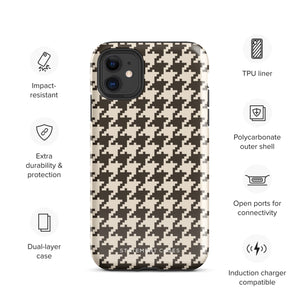 A Timeless Houndstooth for iPhone with a dual-camera system is encased in an impact-resistant polycarbonate, houndstooth-patterned case. The black and beige design features the brand name "Statement Cases" printed at the bottom, ensuring both style and dual-layer protection for your device.