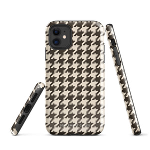 A Timeless Houndstooth for iPhone with a dual-camera system is encased in an impact-resistant polycarbonate, houndstooth-patterned case. The black and beige design features the brand name "Statement Cases" printed at the bottom, ensuring both style and dual-layer protection for your device.