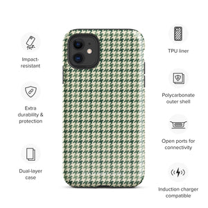 A smartphone with a durable dual-layered case featuring a green and white houndstooth pattern. The phone's camera with three lenses is visible at the top left corner. The impact-resistant polycarbonate Elegance Houndstooth for iPhone by Statement Cases, with a TPU lining, adds a stylish and classic look to the phone.