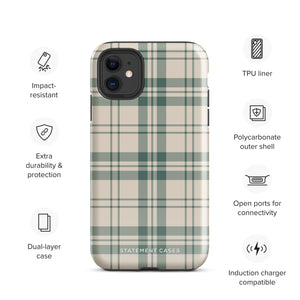 A smartphone with a beige and green plaid-patterned, impact-resistant polycarbonate case is shown. The phone’s rear camera lenses are prominently visible at the top left. The durable phone case features the words “Statement Cases” printed in small text at the bottom center. This is the Elegant Plaid for iPhone.