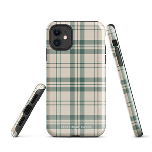 A smartphone with a beige and green plaid-patterned, impact-resistant polycarbonate case is shown. The phone’s rear camera lenses are prominently visible at the top left. The durable phone case features the words “Statement Cases” printed in small text at the bottom center. This is the Elegant Plaid for iPhone.