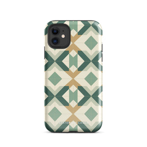A Smartphone with a durable Old World Mosaic for iPhone case by Statement Cases showcasing a geometric pattern in shades of green, beige, and white. The symmetrical, angular designs create an almost star-like appearance. The impact-resistant polycarbonate construction ensures protection while the camera lenses remain visible at the top left corner.