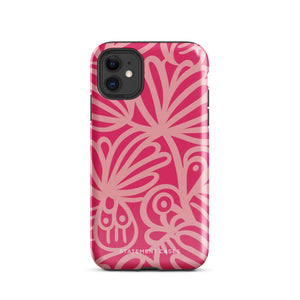 Introducing the Zafiro Rosa for iPhone by Statement Cases: a smartphone case featuring abstract floral and leaf patterns in various shades of pink. This dual-layer protection case combines an impact-resistant polycarbonate exterior with a TPU inner liner to ensure durability. The design showcases the brand name "Statement Cases" at the bottom, with precise cutouts revealing the phone’s camera lenses at the top left corner.