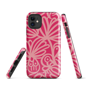 Introducing the Zafiro Rosa for iPhone by Statement Cases: a smartphone case featuring abstract floral and leaf patterns in various shades of pink. This dual-layer protection case combines an impact-resistant polycarbonate exterior with a TPU inner liner to ensure durability. The design showcases the brand name "Statement Cases" at the bottom, with precise cutouts revealing the phone’s camera lenses at the top left corner.