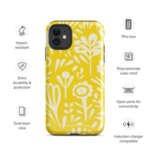 The Sol Dorado for iPhone by Statement Cases is a smartphone with a yellow case featuring a white, abstract floral and plant pattern. The camera lenses are prominent in the top left corner of the device. With dual-layer protection and impact-resistant TPU lining, "Statement Cases" is printed at the bottom of the case.