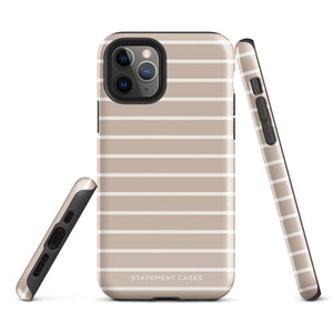 A beige smartphone case with horizontal white stripes is shown from multiple angles: back, side, and bottom. Made of impact-resistant polycarbonate, the case covers the phone’s buttons and has a cutout for the camera. "Au Naturale for iPhone by Statement Cases" is printed at the bottom of the back view.