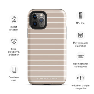 Image of a beige smartphone case with white horizontal stripes. The text "STATEMENT CASES" is at the bottom. Features listed around the image include impact-resistant polycarbonate, extra durability & protection, durable dual-layered case, TPU liner, open ports for connectivity, and induction charger compatible. Product Name: Au Naturale for iPhone by Statement Cases.