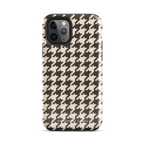 A Timeless Houndstooth for iPhone with a dual-camera system is encased in an impact-resistant polycarbonate, houndstooth-patterned case. The black and beige design features the brand name "Statement Cases" printed at the bottom, ensuring both style and dual-layer protection for your device.